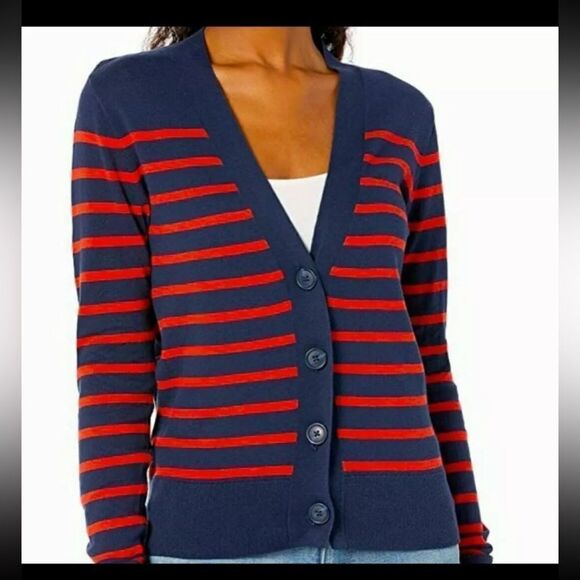 J. Crew Women’s Striped V-Neck Cotton Cardigan Sweater Sz S Preppy Academia - Picture 1 of 7